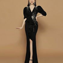 Banquet annual meeting host dress female high-end atmosphere fish tail dress temperament light luxury evening dress slim long