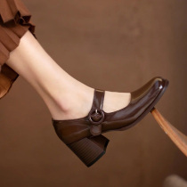 Super nice retro Mary Jane shoes chocolate chunky-heel shoes women increased 7 5cm