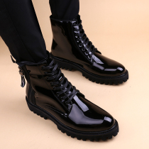 Korean version of the trend Martin boots British high-rise short boots hair stylist locomotive boots bright high-top pointed leather boots men
