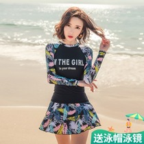 DK swimsuit womens 2021 new sports belly cover thin conservative hot spring sunscreen long-sleeved swimming dress skirt summer