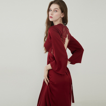 Bridal morning gown woman summer long wine red silk bridesmaid dress ice silk sexy lace beauty back hollowed-out sleeping robe