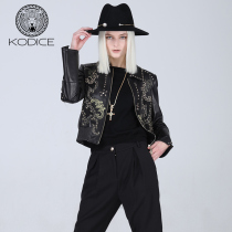 KODICE autumn and winter new black sheepskin embroidered beaded lapel long sleeve short street style leather jacket