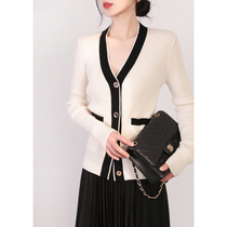 Mas Jiamin 2022 New products 48 fine-spun wool small fragrant wind display slim V collar hit color knit cardiovert 611008