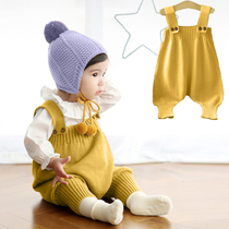 Baby knit back with pants female baby one-piece clothes Korea ins spring autumn men 8 months 1 year old pure cotton wool line pants
