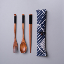 Chopsticks spoon fork set high color value wooden single three-piece set portable tableware cloth bag for children