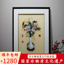 New Chinese beautiful meaning Juruito pure hand embroidered painting relatives and friends gift solid wood border dining room living room hanging painting