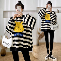 Gestational Spring Suit Spring Suit Korean Edition Long big code striped sweatshirt loose display slim fit cartoon T-shirt long sleeve blouse