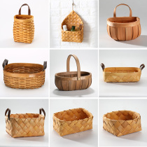 Handmade Wood Sheet Woven Containing Basket Wall Wall-mounted Basket Leather Handle Table Zero Food Fruit Containing Basket Nordic