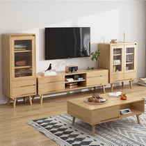 TV cabinet tea table combination Nordic log furniture small apartment living room high and low cabinet minimalist solid wood TV cabinet