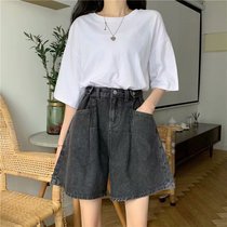 Fat mm large size denim shorts womens summer new Korean version loose student five-point wide leg pants a-line pants high waist thin