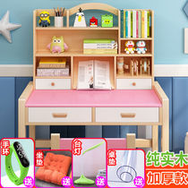 On the new solid wood can lift childrens learning table writing table and chair set desk bookshelf combination primary school students home class