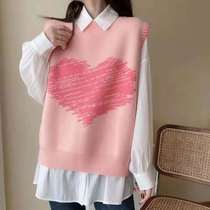 Knitted vest women 2021 spring and autumn round neck love vest sweater College loose wear horse clip outside shoulder