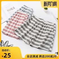  Pure cotton pajamas womens shorts summer thin Japanese striped loose cotton five-point pants summer can be worn outside home pants