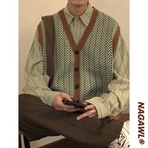 NAGAWL autumn loose Korean trend Joker Curry retro knitted cardigan vest sweater vest men Japanese