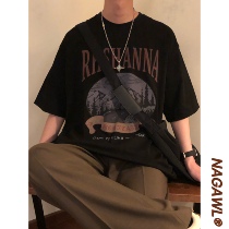 NAGAWL Spring new American vintage letter printed black short sleeve T-shirt male bf original wind round collar blouse