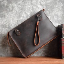Original Crazy Horse Leather Shoulder Bag Mens Handmade Cowhide Leather Handheld Letterbag Vintage Flat shoulder bag
