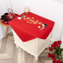 Wedding room dress up happy word bedside counter cover cloth dust-proof sunscreen cotton linen square tablecloth big red wedding scarf