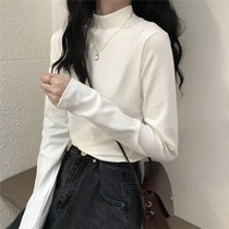 Autumn 2021 new semi-high collar white base shirt female chic loose slim niche long sleeve T-shirt top