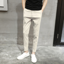  Casual pants mens summer thin solid color straight ice silk nine-point pants mens slim trend all-match stretch long pants