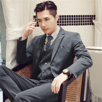 Casual suit suit mens three-piece Korean version of the slim trend groom wedding dress male handsome solid color suit