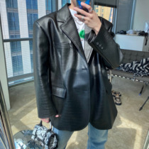 TRENDYWU homemade new heavy embossed artificial leather crisp loose fashion neutral texture suit