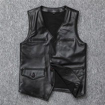 Spring new first-layer yellow cowhide leather leather jacket short slim Japanese mens leather vest waistcoat waistcoat