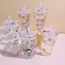 Cartoon glass with straw drink cup creative cute office scale Milk Cup creative juice drinking cup