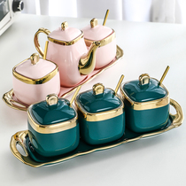 Light luxury Emerald seasoning tank ceramic seasoning Box Kitchen seasoning tank salt jar seasoning box household combination set