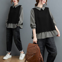 Maternity top fake two-piece striped shirt knitted shirt Women autumn and winter size fat mm belly loose base shirt tide