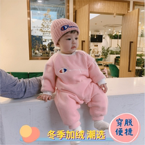 Baby girl plus velvet jumpsuit winter new baby out of the net red envelope fart climbing suit foreign warm cute suit