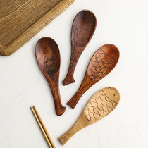 Japanese creative nanmu fish shaped long handle wooden rice spoon rice shovel non-stick rice Home Hotel restaurant wooden rice scoop