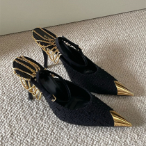 High heel shoes Black 2021 years Winter new custard metal chain sandals Womens word buckle Sexy fine heel Single shoe