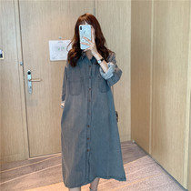 Maternity shirt Long sleeve jacket spring and autumn Korean nursing skirt Large size long fashion denim dress top tide mom