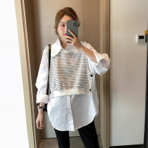 2022 New boomers shirt design feeling small crowdThe two gestational surrogates Korean version Loose Stripes Early Spring Blouses