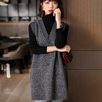 Fashionable High sense ~ 2021 New woolen Waistcoat Vest wool vneck loose medium and long coat women