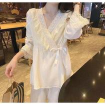 Early autumn 2021 New lace stitching lotus leaf lace lace up age reduction two-piece long sleeve pajamas set women (