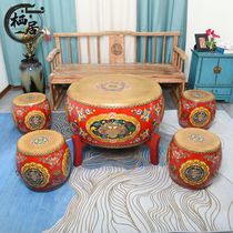 Painted Chinese coffee table Drum table drum stool combination five-piece set of old cowhide sets Drum Kung Fu tea table living room round tea table