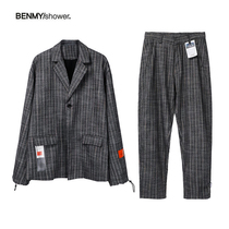 benmyshower country tide retro plaid dyed blazer fashion jacket Tide brand hip hop men and women couples set loose