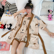 Sleepwear Womens Summer Pure Cotton Short Sleeves Pyjamas Three Suits Brown Cat Harnesses 2022 New Big Code Home Clothes