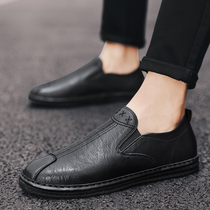Social spirit guy a pedal Bean shoes mens autumn and winter Korean trend soft bottom plus velvet warm black leather shoes