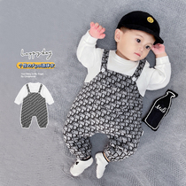  Spring and autumn new born baby pure cotton long-sleeved one-piece printed strap men and women baby full moon 100-day harem climbing suit