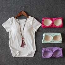 Womens cotton with chest cushion short sleeves T-shirt half sleeve leggings bra cup one-piece yoga loungewear pajama top