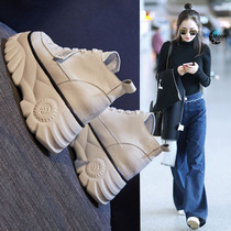Tide brand small white shoes womens 2021 autumn new father shoes womens leather Joker high top muffle cake thick bottom womens shoes