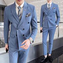 Double-breasted suit men Korean version of the trend light blue suit suit suit men slim groom wedding dress mob set