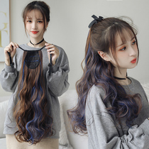 Wig ponytail female long curly hair big wave highlights long hair braid natural strap wig female high ponytail