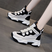 Tide brand leather father shoes womens 2021 autumn new high-top thick bottom ramp heel Velcro plus velvet sneakers