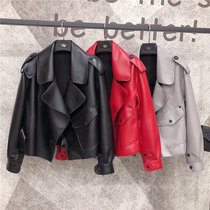 2021 new leather leather jacket womens short sheep coat Jiang Shuying with lapel loose foreign atmosphere Haining tide