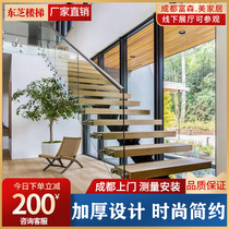 Chengdu glass staircase handrail solid wood guardrail modern simple wrought iron overall finished villa duplex staircase customization