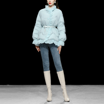 Winter 2021 new womens light blue short white duck down jacket fashion thick waist bread jacket