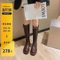  British style lace-up knight boots womens 2021 new leather thick-soled mid-heel thick-heeled knee-high boots